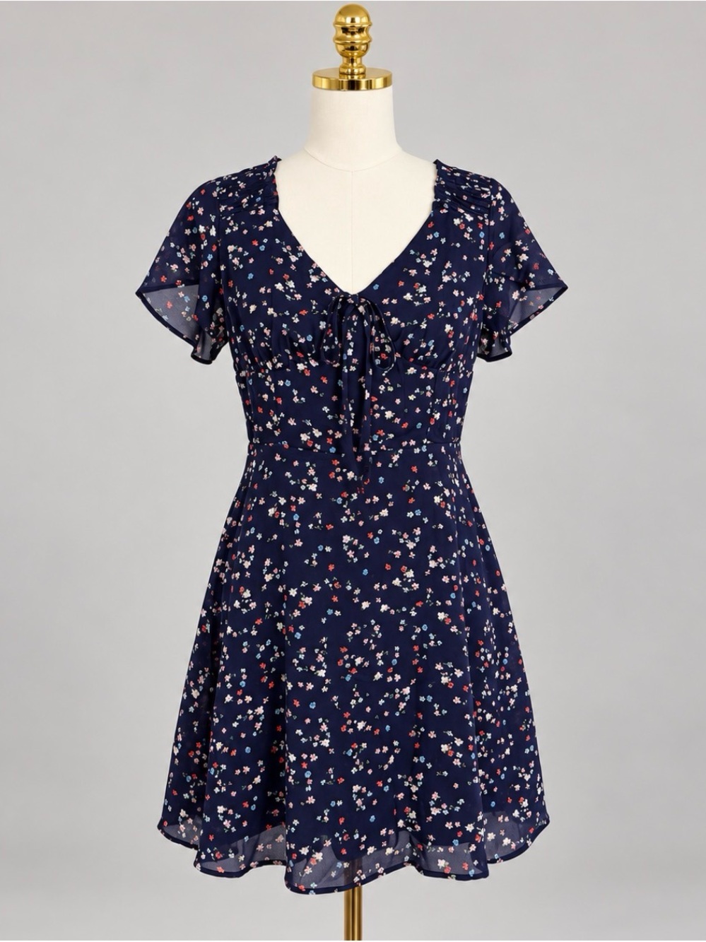 Aqua Navy Floral Tie-Front Skater Dress